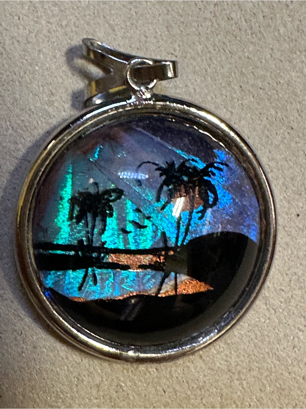 Vintage Morpho Butterfly Wing Pendant Reverse Painted Tropical Palm Tree Scene